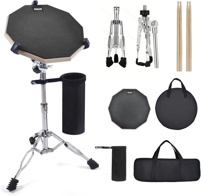 Seteol Drum Practice Pad Set, 12 Inch Double Sided Silent Drum Pad with Storage Bag + Adjustable Snare Drum Stand with Carry Bag + 2 Pair Drum Sticks with Drumstick Holder, Fits 10"-14" Drums (Black) - Image 1